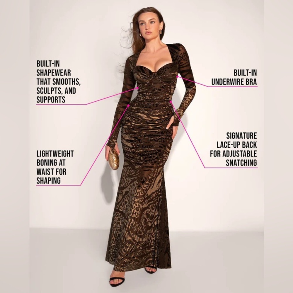 Long Sleeve Brown Velvet Ruched Maxi Dress - Picture 3 of 8